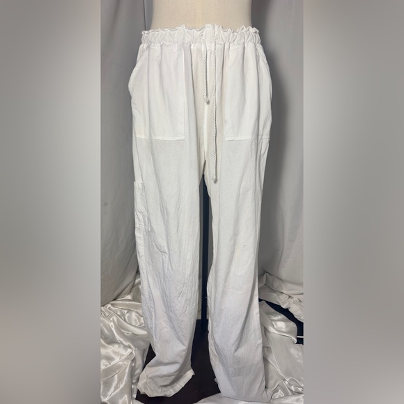 White Linen Blend Lounge Pants Women’s Drawstring Coastal Boho Minimalist Sm - Picture 4 of 6